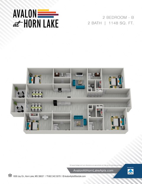 Floor plan for 2 beds, 2 baths, 1148 sqft